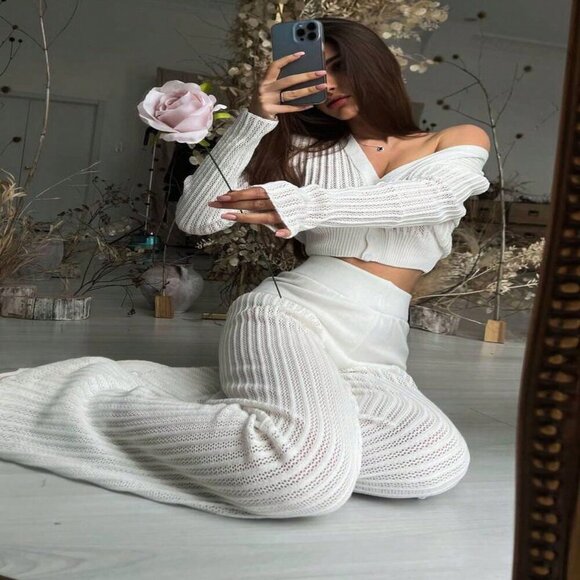 White Boho Women's Knit Sheer Hollow Top And High Waist Pants 2-Piece Suit set - Picture 6 of 6